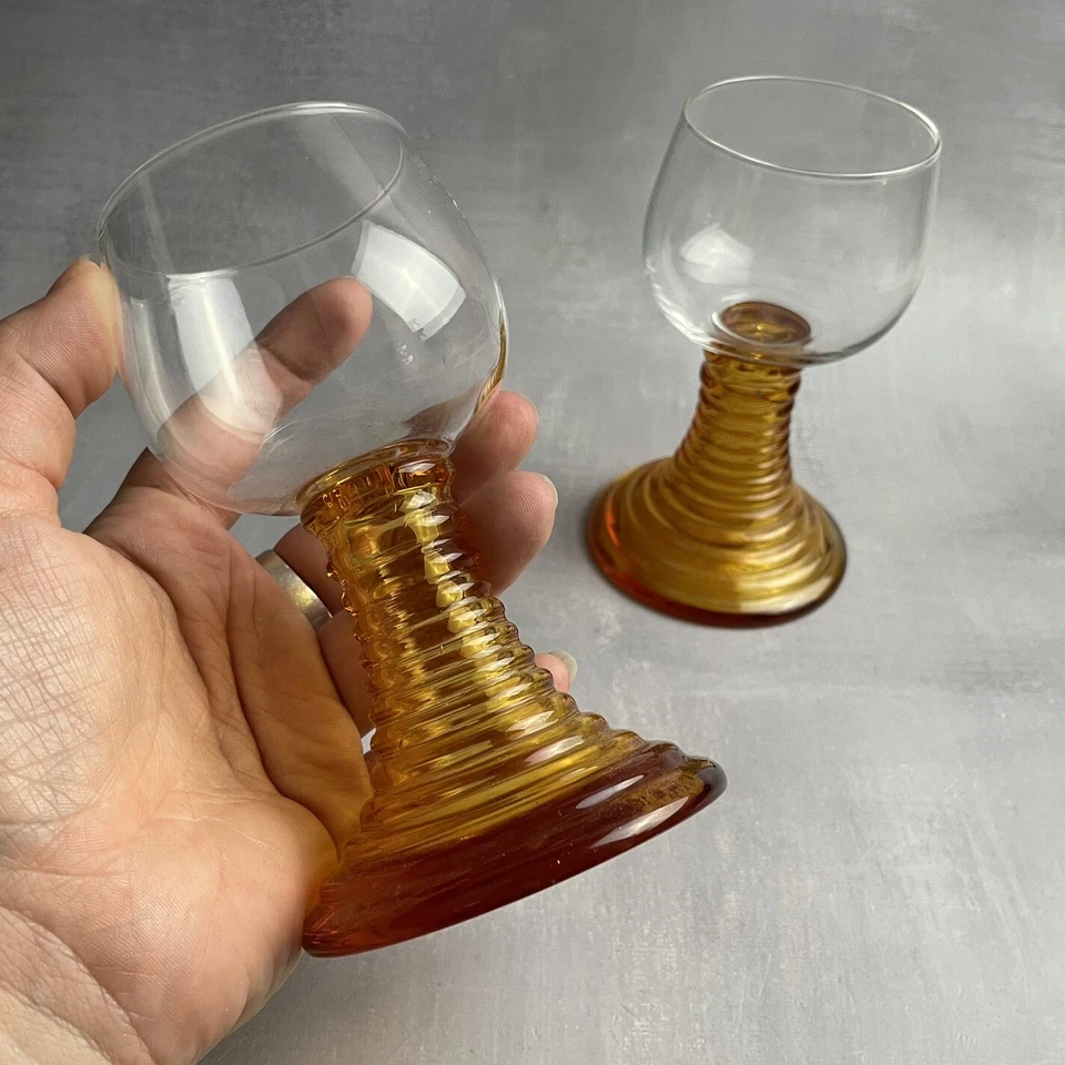 Duo de verre à vin Roemer à pied orangé ambre / Alsace Haut.~12.8cm - Photo 2/4