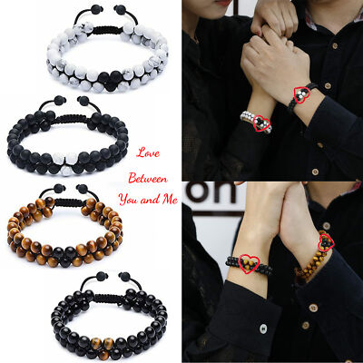 2Pack Double Row Natural Stone Distance Bracelet Ying&Yan Couple Bracelets  Set