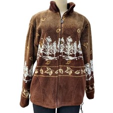 VTG 90s ART UNLIMITED Fleece Jacket AOP Autumn Graphic Brown Full-Zip Adult S