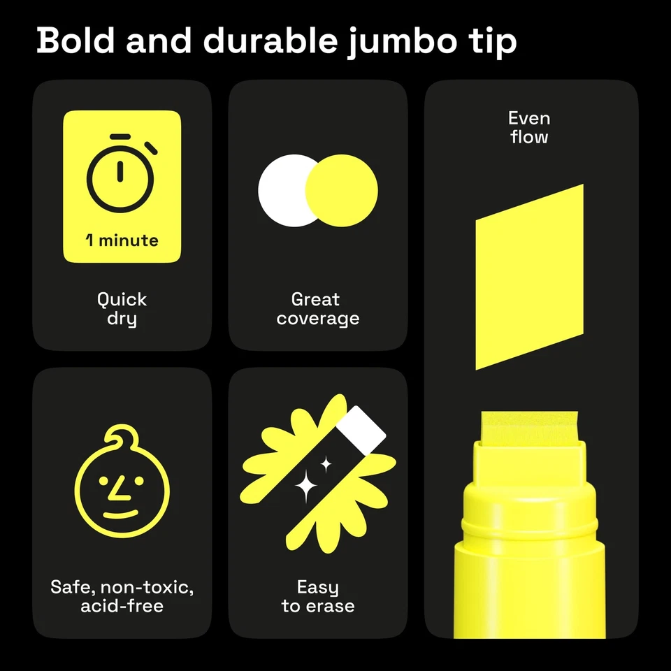15mm Acrylstifte Breit Graffiti Stifte 2 Gelb Jumbo Acrylfarben Neon abwischb... - Bild 4 von 4