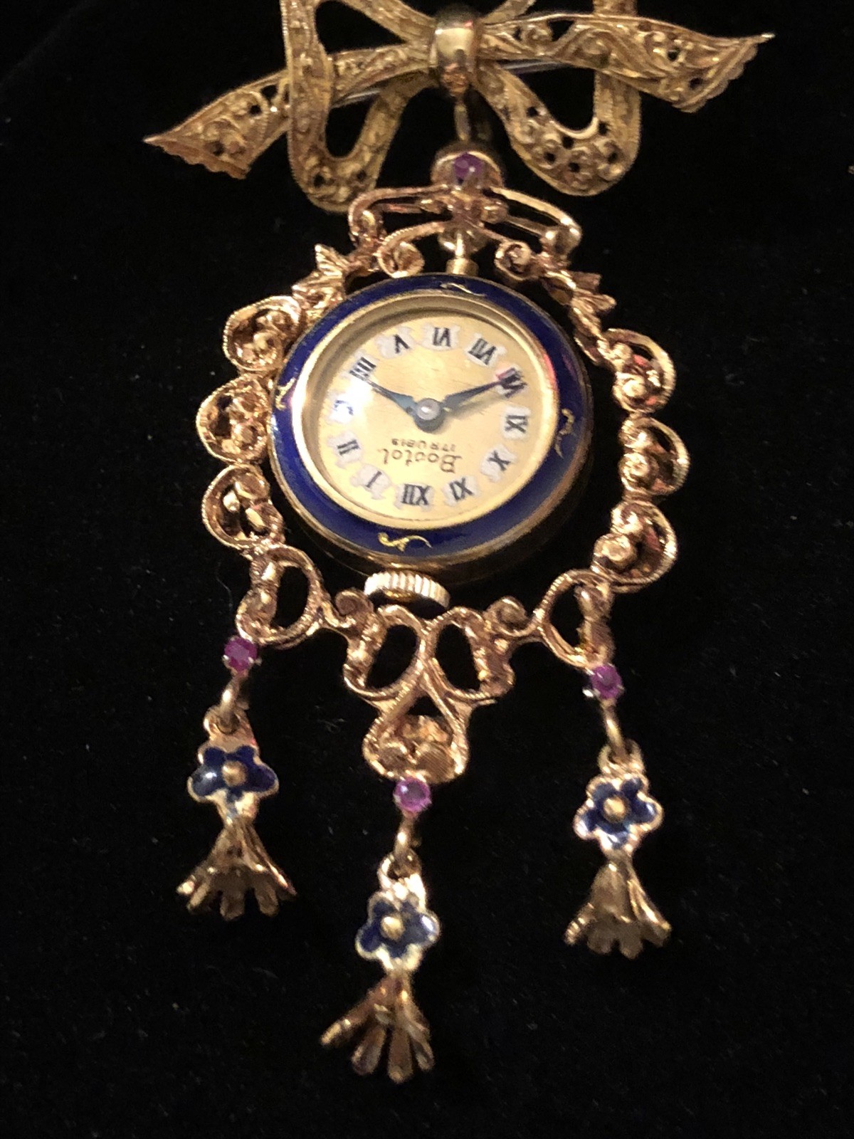 Antique 18k Yellow Gold Italian Ruby Blue Enamel Lapel Watch Brooch/Pin