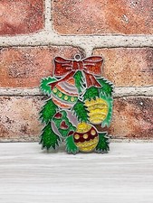 Christmas Stained Glass Suncatcher Window Vintage Sun Holly Bow Decor Balls