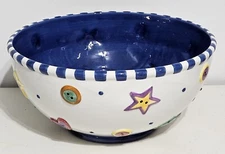 Tammany Devine 1999 Serving Bowl 11" X 5" Striped Blue/White Fruit Stars Hearts