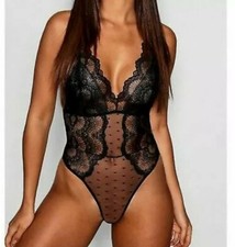 Boohoo Spot Mesh Fan Lace Bodysuit UK Size M