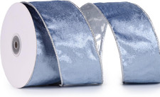Dusty Blue Velvet Ribbon Wired 2.5" X 10 Yards Blue Christmas Ribbon with Silver