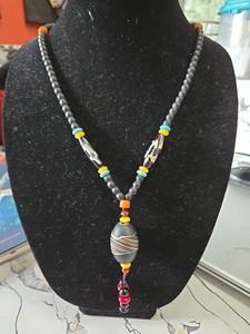 Dzi Bead (Kwan Yin & Dragon) Prayer Necklace 26" Obsidian Turq Amber Coral Agate