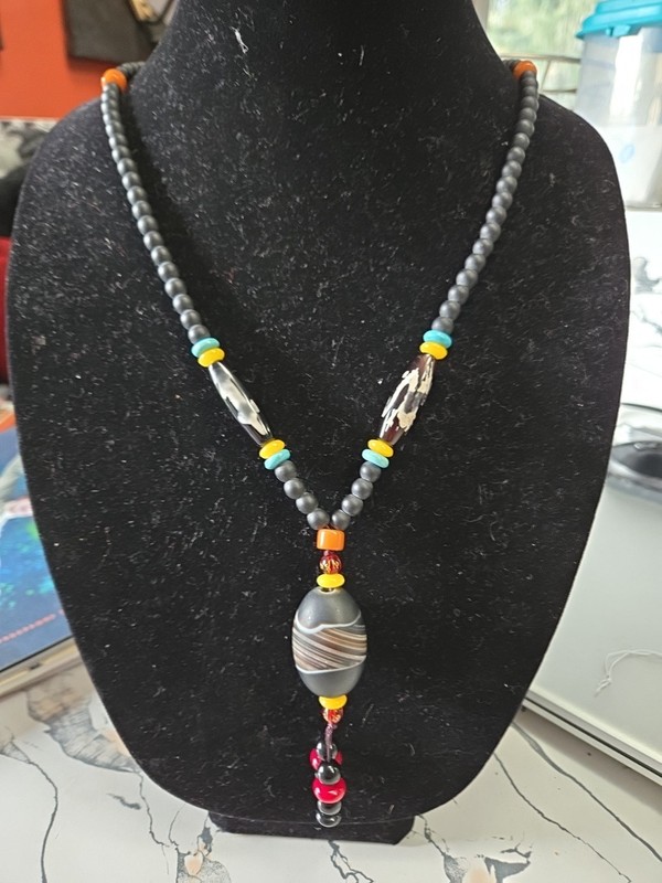 Dzi Bead (Kwan Yin & Dragon) Prayer Necklace 26" Obsidian Turq Amber Coral Agate