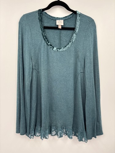 Knox Rose Boho Bauern Samt Spitzenbesatz Top türkis Large