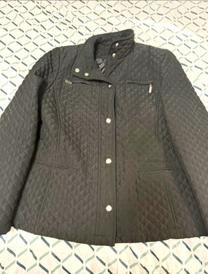 Esprit Women s Black Quilted Snap Front Jacket Pockets Mid-Length Long M