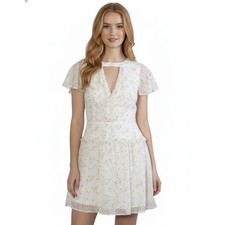 NWT BCBGMAXAZRIA Dress Size 12 White Floral Flutter Sleeve Cutout Neckline Fairy