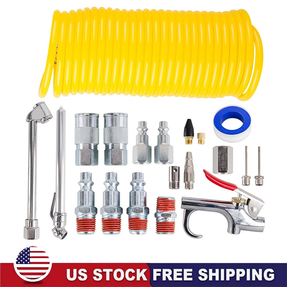 20pcs Air Compressor Accessory Kit 25Ft Recoil Hose Gun Nozzles Set 1/4" NPT New