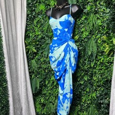 PrettyLittleThing Dress US 6 Blue Cloud Print Corset Draped Asymmetrical 3786