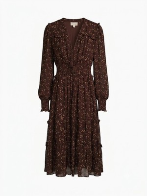 Cleobella Brown Floral Midi Dress Smocked Tiered Boho Tassel V-Neck Size L