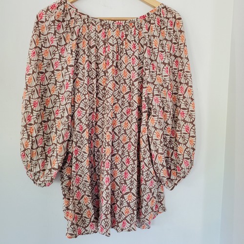 ROSE & THYME 3X Tan Boho Geo 3/4 Sleeve Pullover Blouse V Neck String Tie Flowy - Picture 10 of 13