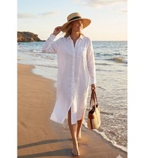 The Drop Fiona Linen Shirt Dress White Button Down Midi Long Sleeve Womens Med