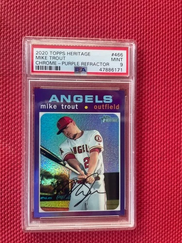 Mike Trout 2020 Topps Heritage Purple Chrome Refractor Card #466 PSA 9