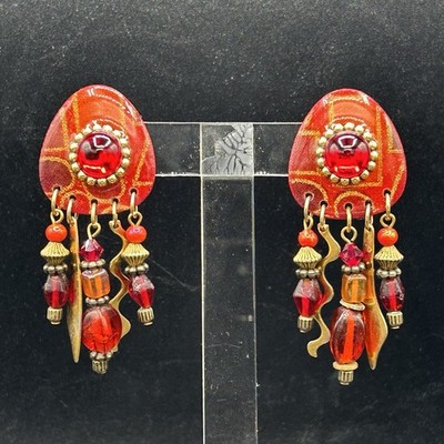Vintage 80s 90s MAM Red Gold Clip Earrings Beaded Dangle