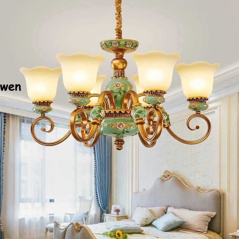 Villa Living Room Chandelier Luxury Resin Pendant Lamp Retro Glass Ceiling Light - Image 4 of 4