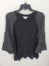 Counterparts Top Womens Medium Black Contrast Polka Dot Ruffle Sleeve Flowy