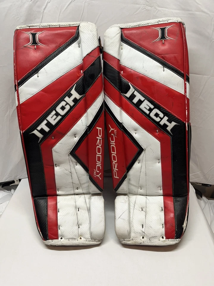 Almohadillas para piernas de portero de hockey blanco/rojo Itech Prodigy Pro 33" con casco y bolsa nuevos Foto 2 de 4
