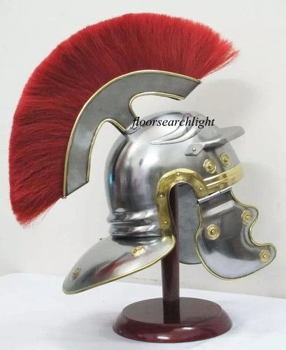 Finition Antique Vintage avec Rouge Socle en Bois Armor Romain Casque Plume - Photo 3 sur 5