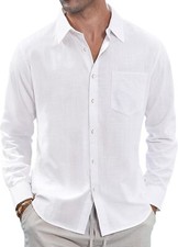 Men's Linen Shirt Casual Long Sleeve Button Down Summer Beach Pocket