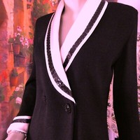 St. John Evening Black Skirt Suit Sz 8 Pink Silk Collar &Cuffs Black Satin Skirt 13