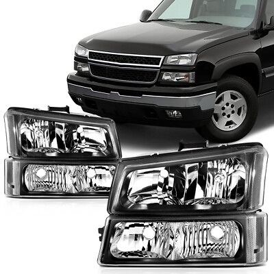 Fits 2003-2006 Chevrolet Silverado Black Housing Headlights Assembly Pair Lamps