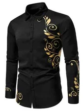 Button Down Shirts Black Gold Leaf Luxury Party Up Dress Men Classic Long Sleeve