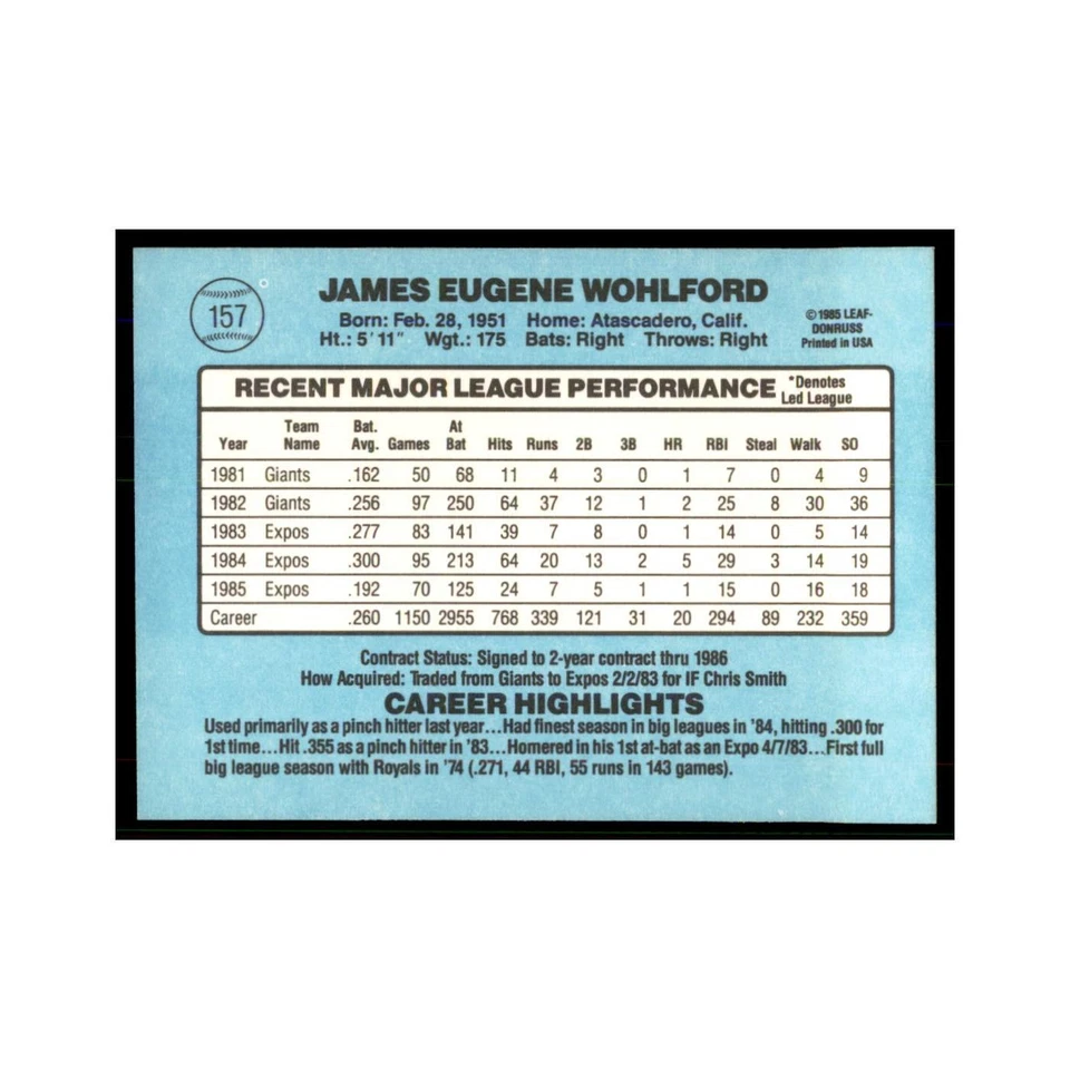 1986 Donruss Jim Wohlford Montreal Expos #157 - Image 2 of 3