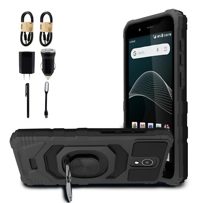For Cricket Vision Plus Ring Kickstand Hard Phone Case w/Temper Glass Bundle