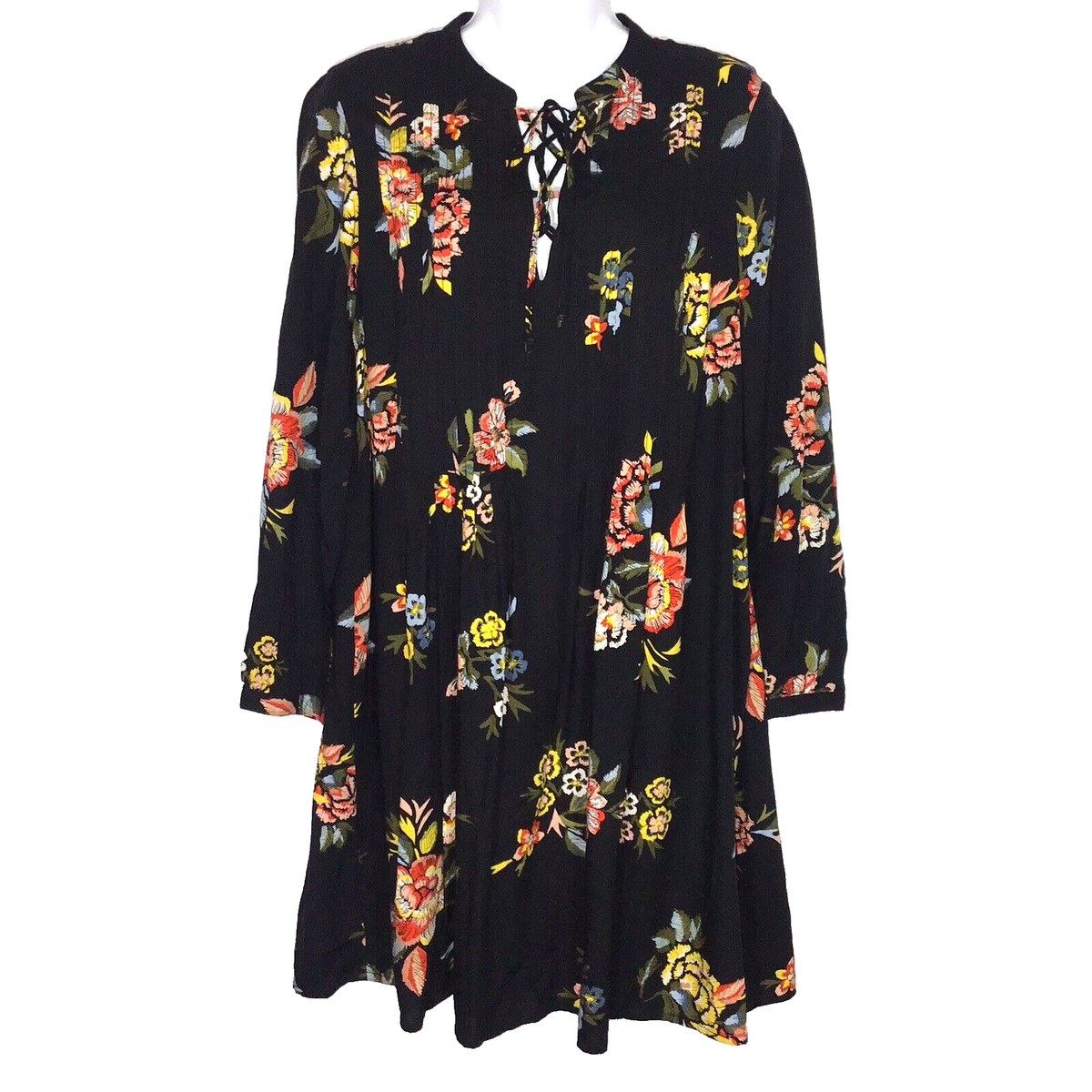 Old Navy Womens Shift Swing Dress Size S Black Multicolor Floral Lace Up  Front