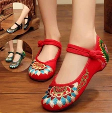 New Women Chinese Embroidered Handmade Flat Shoes Floral Mary Jane Comfort Shoes