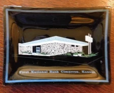 VINTAGE 1960'S GLASS ADVERTISING ASHTRAY FIRST NATIONAL BANK CIMARRON KANSAS
