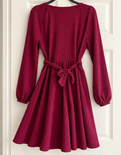 New Look Burgundy Ribbed Fit & Flare Dress Belted Tie Waist 14 Regular