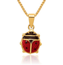 14K Solid Yellow Gold Red Black Ladybug Necklace