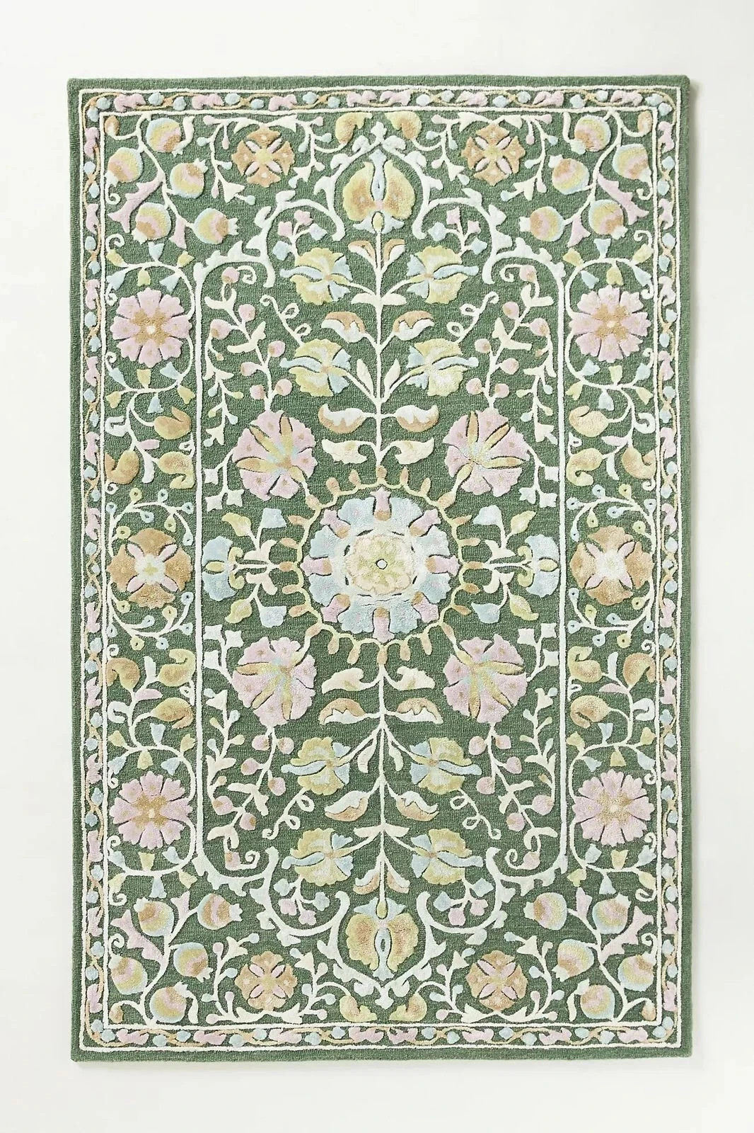New Green Floral Hand-Tufted wool and viscose Area Rug Carpet