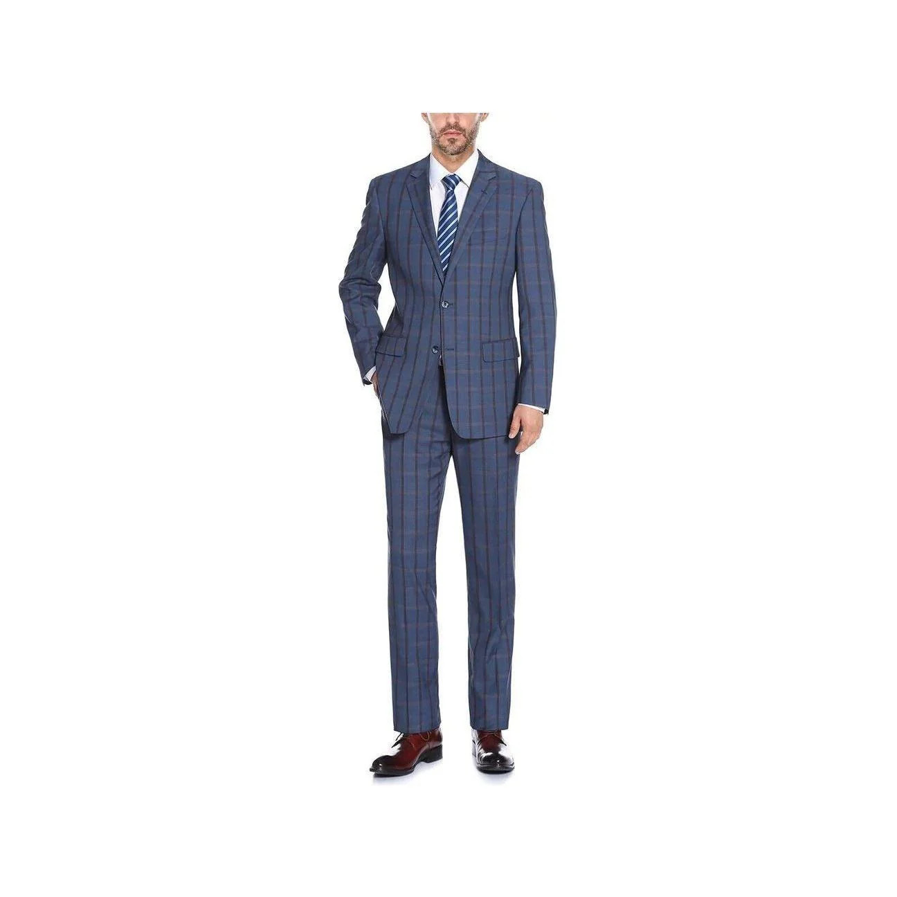 Mens Suit by RENOIR English Plaid Window Pane European Business 291-19 Blue Rust 32290₽