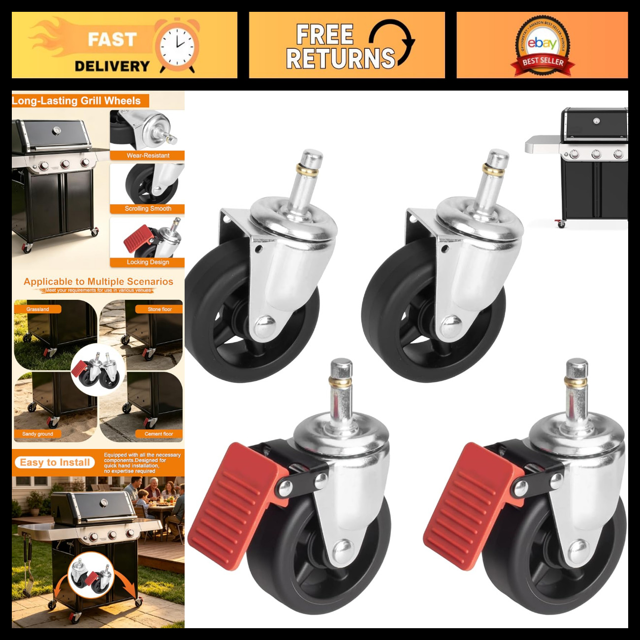 Grill Caster Wheels Set for Genesis 300/400 Series 2022+, Heavy-Duty 4 Pack
