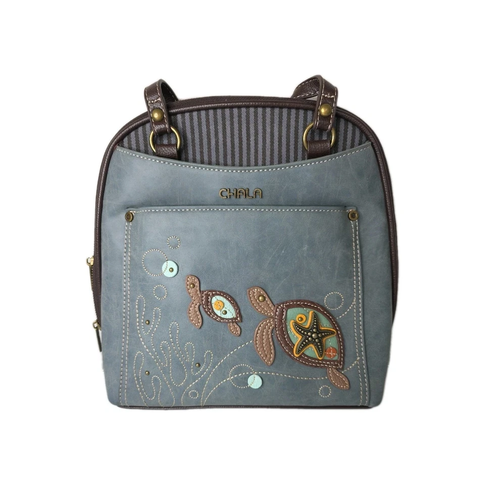 Mochila Cartera Convertible Chala Azul Marrón Diseño Tortuga Marina Cuero Vegano Nueva Sin Etiquetas Foto 2 de 4