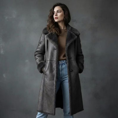 Handmade Women's Shearling Leather Trench Coat, 70s Style Winter Oversized Coat