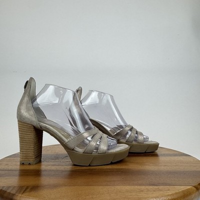 New Womens Paul Green Sassy Metallic Gray Leather Strappy Heeled Sandals Size 9