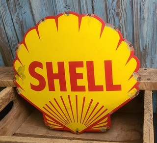 LARGE Vintage SHELL Die Cut Clam Logo Porcelain Metal Oil Gas Pump Plate Sign