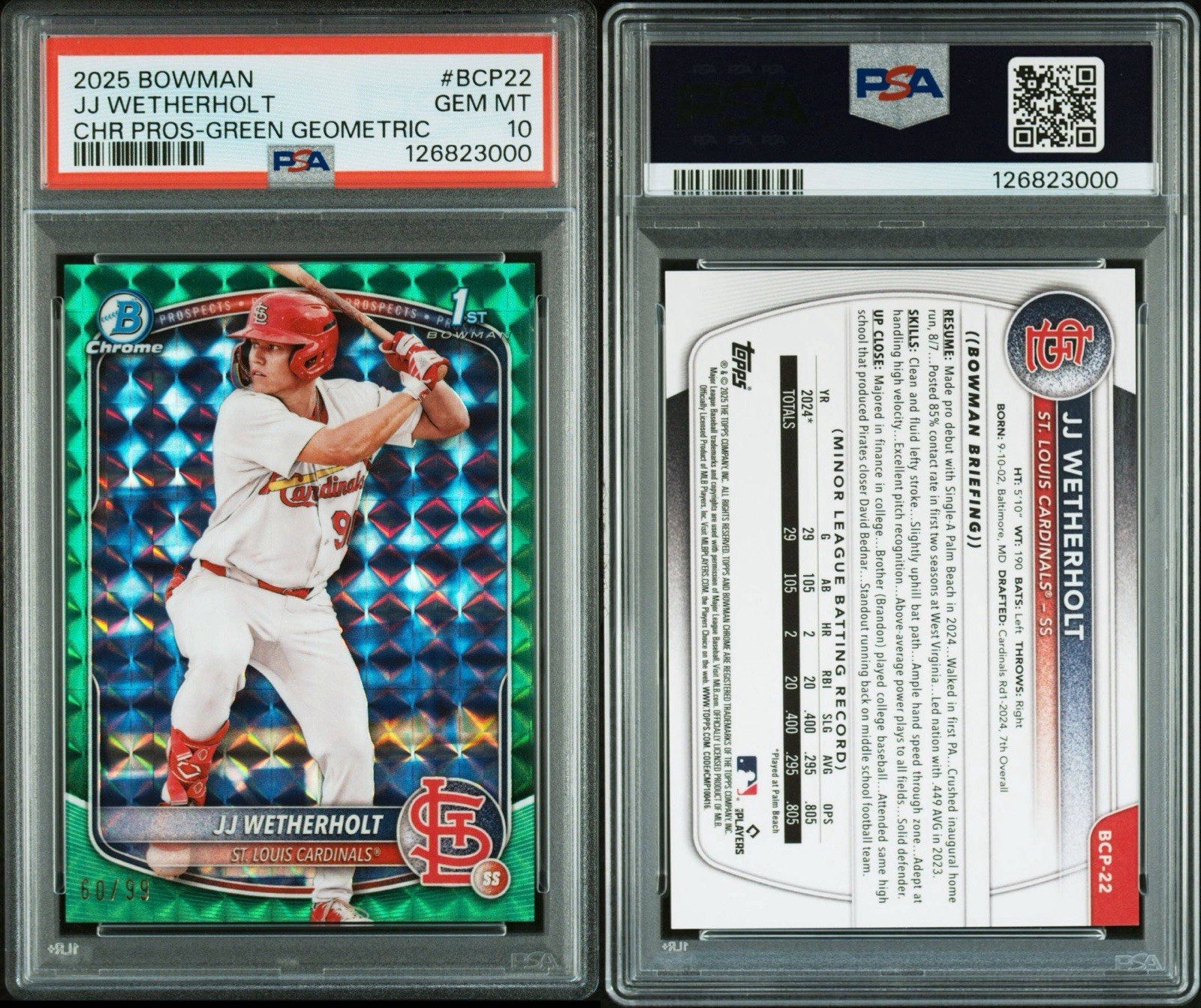 2025 Bowman JJ Wetherholt Chrome Green Geometric Refractor 1st #/99 GM PSA 10