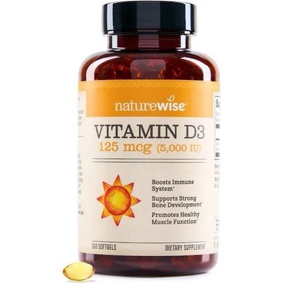 Naturewise Vitamin D3 125mcg 5000IU 360 Softgels Non-GMO Halal Immune Support