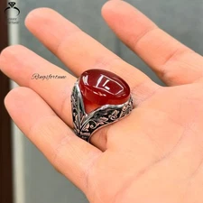 Authentic Yemeni Aqeeq Natural Red Agate Stone Men’s Handmade Ring