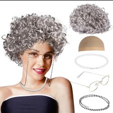 Granny Wig Old Lady Costume Set Elderly Woman Accessories Fun Wigs Light Gray