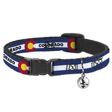 Cat Collar Breakaway with Bell COLORADO Text Flag Blue/White/Red/Yellow NARROW F