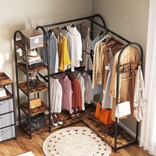 L-shaped Corner Clothes Rack Garment Rack With Storage Shelves and Hanging Hooks