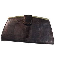 Vintage Faux Lizard Brown Clutch Handbag with Gold Frame and Chain